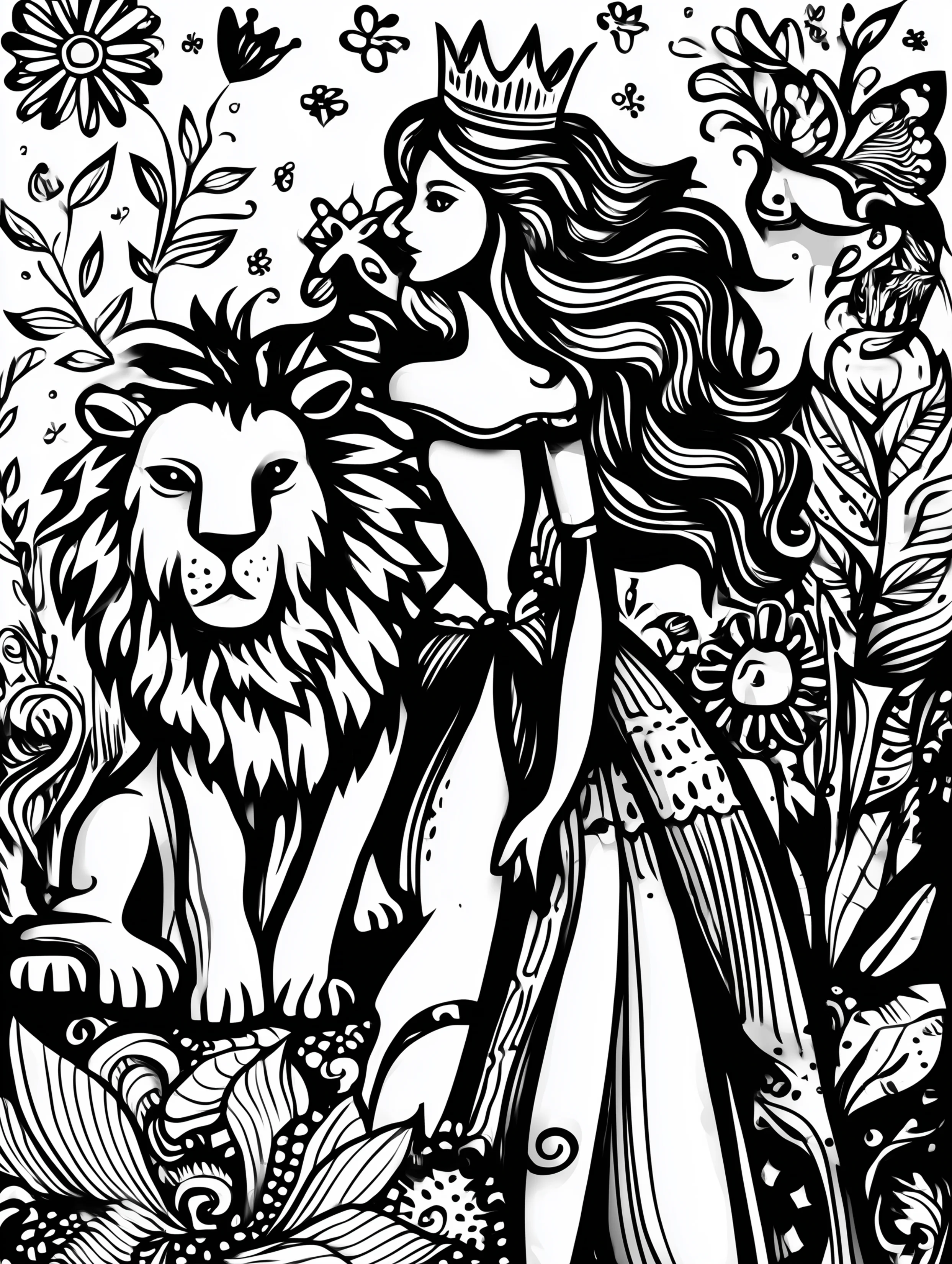 Free printable queen coloring page for adults featuring a lion standing beside a queen
